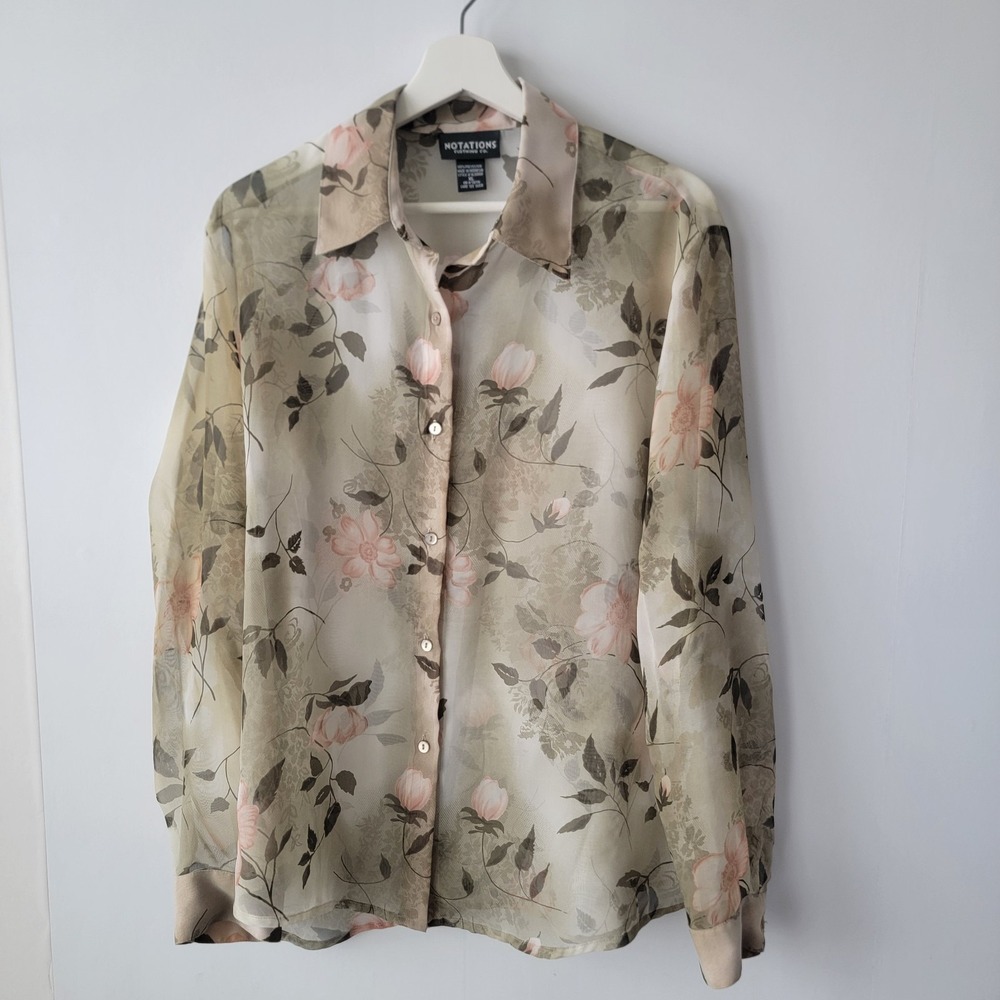 notations clothing co. women's floral top size XL Romantic Sheer Soft Neutral